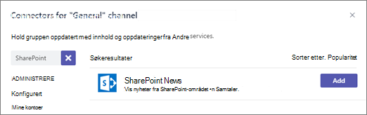 Dialogboksen Teams-koblinger som viser SharePoint Nyheter-koblingen med en Legg til-knapp