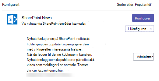 Dialogboksen Teams-koblinger viser SharePoint Nyheter som 1 konfigurert med et Behandle-alternativ for å fjerne den
