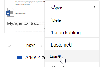 Løsne menyelement på hurtigmenyen for fil uthevet