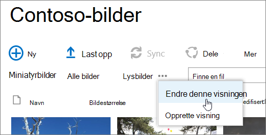 Bildebibliotekvisningslinje med Endre visning valgt