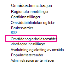 Delen Nettsteder og arbeidsplasser på siden Innstillinger for nettsted