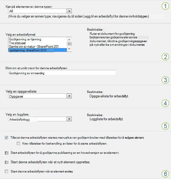 Grunnleggende informasjon for Legg til arbeidsflyt, med markerte deler