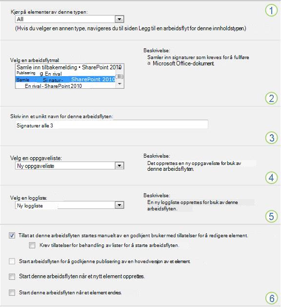 Første side i tilknytningsskjemaet for én liste eller ett bibliotek