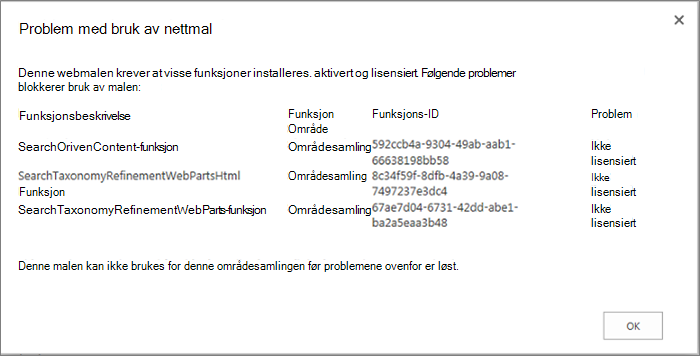 Skjermbilde av en feilmelding som viser en feil du kan få hvis utilgjengelige funksjoner hindrer opprettingen av et område i SharePoint Online.