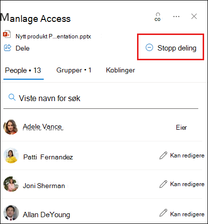 Skjermbilde av behandle tilgang-dialogboksen med stopp deling uthevet.
