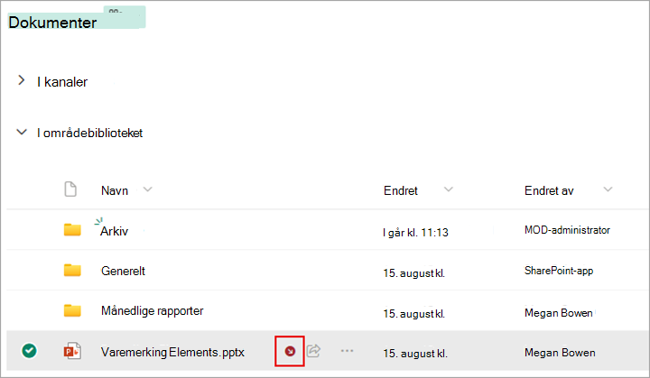 Et symbol vises ved siden av filen du sjekket ut.