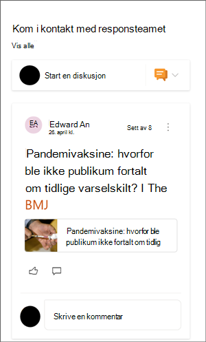 Bilde av yammer-nettdelen med en eksempelsamtale.