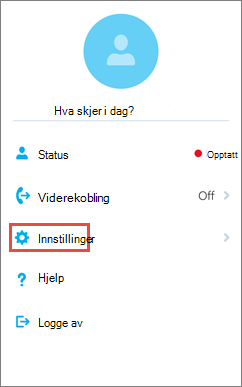 Skype for Business for iOS-startskjermen med Innstillinger-alternativet