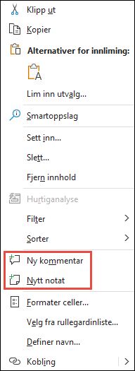 Bilde av hurtigmenyen i Excel som høyreklikkes