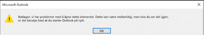 Skjermbilde av Outlook-feil