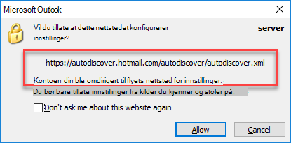 Outlook omdirigerer til Oppdag automatisk