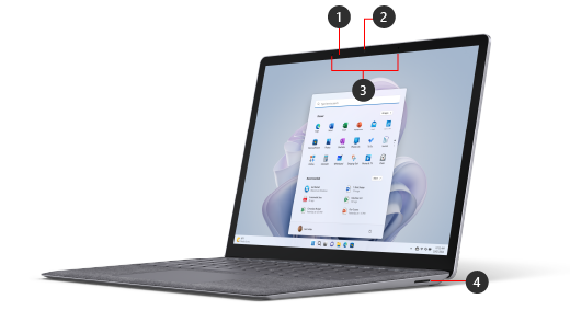 Viser forsiden av Surface Laptop 5, med bildeforklaringer for inkluderte funksjoner.