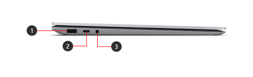 Viser siden av Surface Laptop 5, med bildeforklaringer for inkluderte funksjoner.
