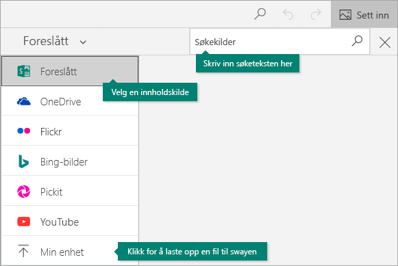 Sett inn-kommandoen og innholdssøkeboksen