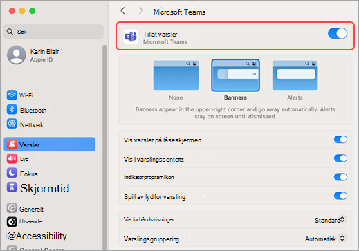 Systeminnstillinger for Mac tillater Varsler i Microsoft Teams