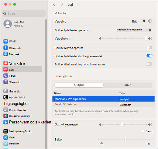 Lydeffekter for Systeminnstillinger for Mac