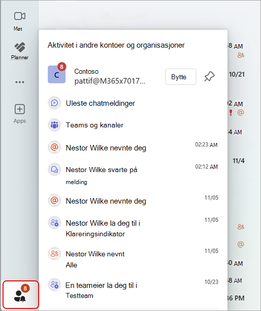 Skjermbilde som viser Teams-aktivitet på tvers av flere kontoer og organisasjoner.