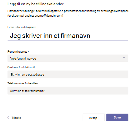 Skjema for å legge inn forretningsdetaljer for en ny bestillingskalender