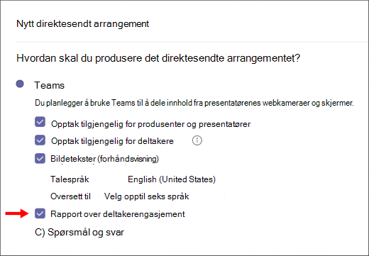 Skjermbildet Avmerkingsboks for deltakerengasjementsrapport