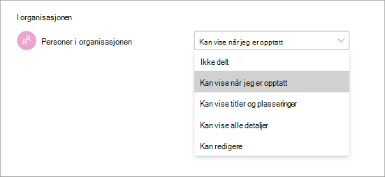 Skjermbilde som viser ulike tilgangstillatelser når du deler en kalender i Teams.