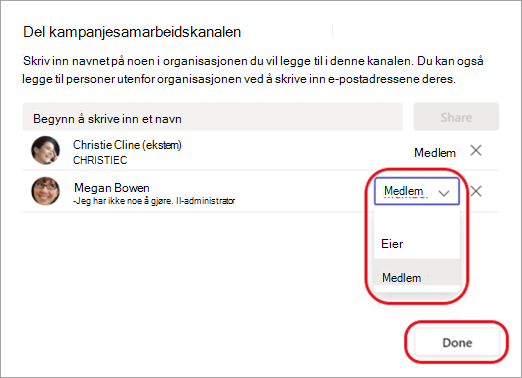 Skjermbilde som viser hvordan du endrer et kanalmedlem til en kanaleier