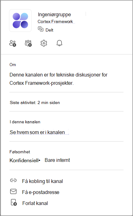 Skjermbilde av et kanalkort. Pek på kanalnavnet for å vise kanalkortet.