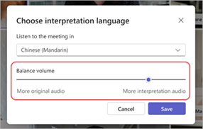 Skjermbilde av volumkontrollen for tolkningsspråkbalanse i Microsoft Teams