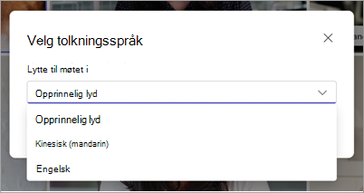 Skjermbilde som viser rullegardinmenyen Velg tolkespråk i Microsoft Teams.