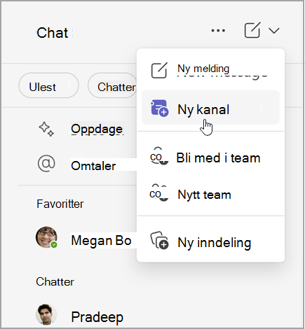 Skjermbilde av Microsoft Teams chat med alternativer for å opprette en ny melding, ny kanal eller nytt team. Den har også muligheten til å bli med i et team, eller opprette en ny inndeling.