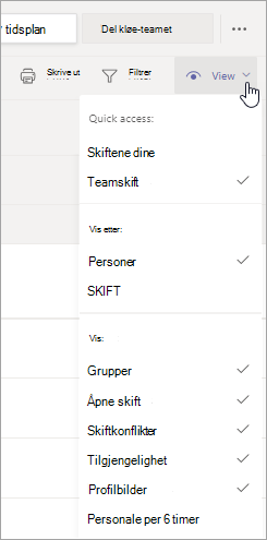 Tilpass tidsplanvisningen i Skift ved hjelp av alternativene på Vis-menyen.
