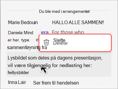 Skjermbilde som viser hvordan du sletter en melding fra en chatter i rådhuset.