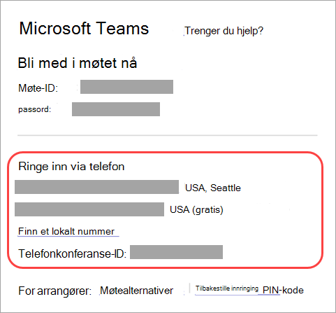 Skjermbilde som viser hvor du kan ringe inn til et Teams-møte.