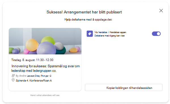 Skjermbilde av en bekreftelsesmelding etter publisering av et Teams-arrangement