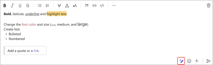 Skjermbilde som viser alternativer for formatering av en chattemelding