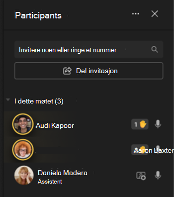 Bilde som viser deltakere til venstre på skjermen med håndhevingsikoner.