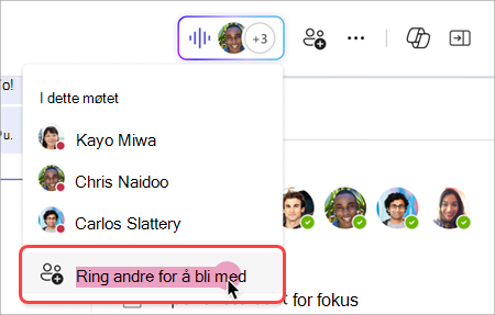 Skjermbilde som viser hvordan du ringer til andre fra live-indikatoren i et øyeblikkelig møte i en gruppechat.