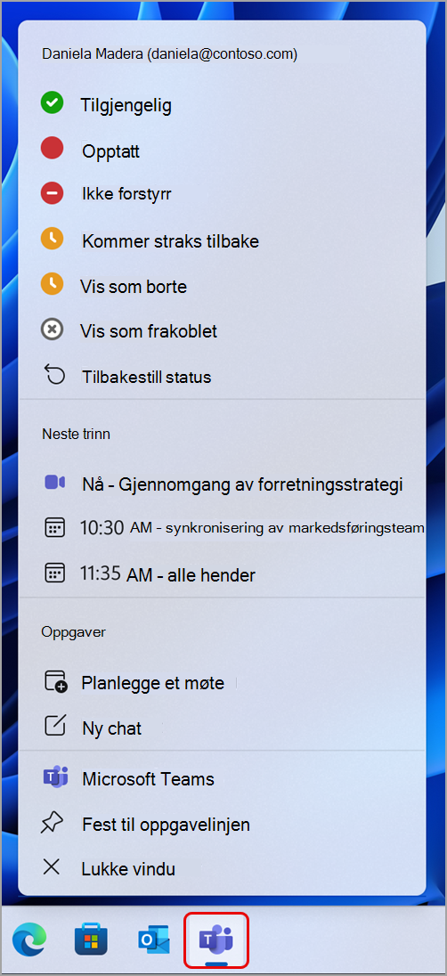 Skjermbilde som viser handlinger du kan utføre i Teams via oppgavelinjen i Windows.