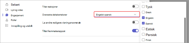 Møtealternativ som viser hvordan du legger til språk for direkteoversatt teksting i et arrangement.