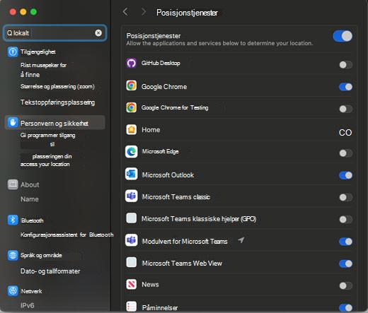 Skjermhett av dialogboksen Plasseringsinnstillinger for MAC