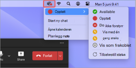 Skjermbilde som viser Teams-appikonet i Mac-menylinjen som er valgt, med tilgjengelige hurtighandlinger.