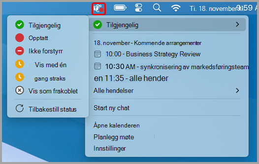 Skjermbilde som viser hurtighandlinger-menyen for Teams på Mac.