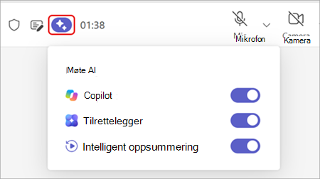 Skjermbilde som uthever alternativet KI for møte øverst i et Teams-møtevindu