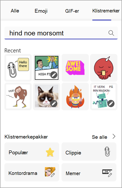Skjermbilde som viser memer og klistremerker i den morsomme velgeren
