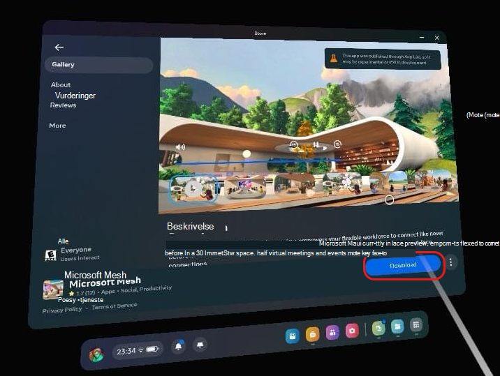 Detaljer-siden for Mesh-appen i oppdraget