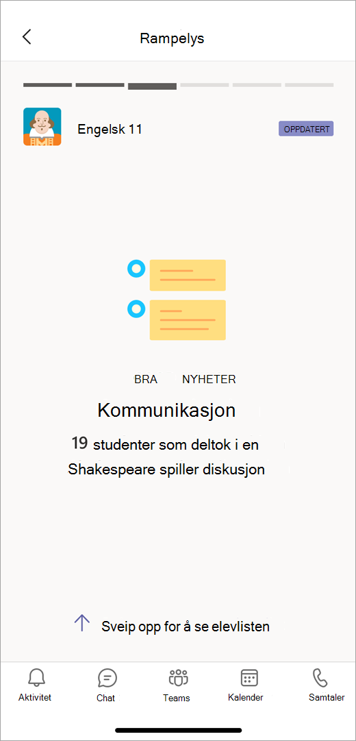 Et rampelys på kommunikasjonsdata fra Insights i mobilvisning viser en lærer at 19 elever deltok i en diskusjon om Shakespeare.