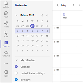 Skjermbilde som viser flere kalendere valgt i en Teams-kalender.