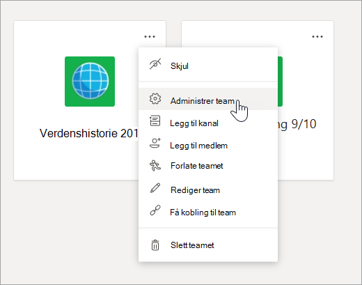 Rediger meny og innstillinger for et team.