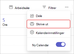 Skjermbilde som uthever utskriftsalternativet i en Teams-kalender.