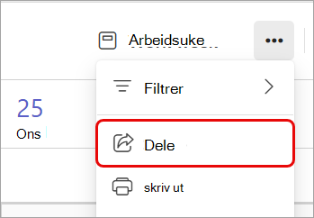 Skjermbilde som uthever Del-alternativet i en Teams-kalender.