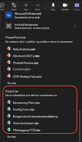Skjermbilde av delingsalternativer som uthever Excel-filer i Teams-møte.